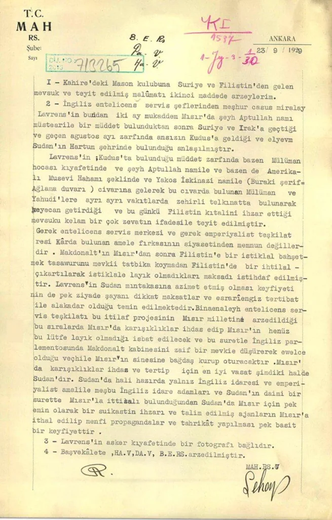 MİT'in Arabistanlı Lawrance belgesi.